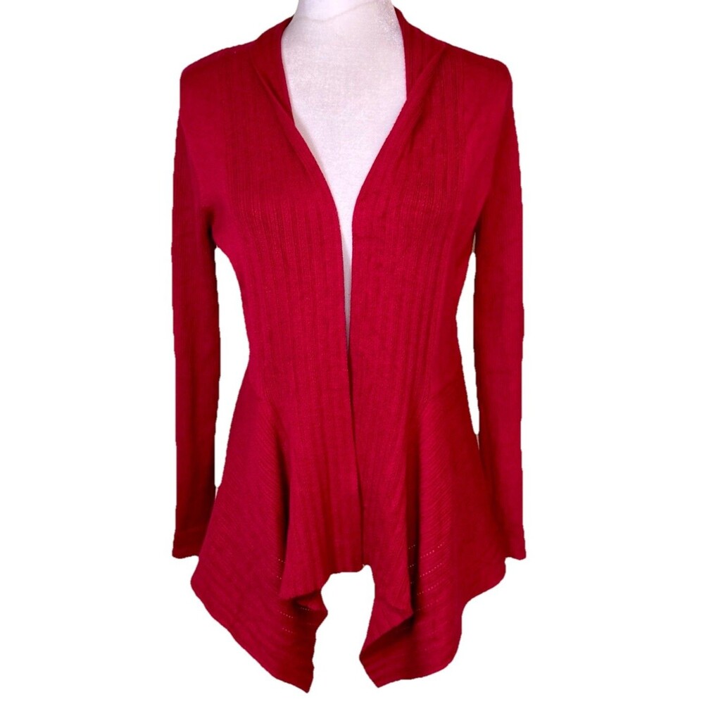 Women’s Red Waterfall Cardigan‎ Open Front Ribbed Knit Flared Hem Romantic Sz Sm